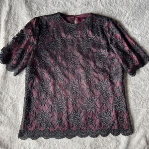 Vintage Erica Louis Lace Blouse M Burgundy Black Floral Sheer Goth Romantic USA